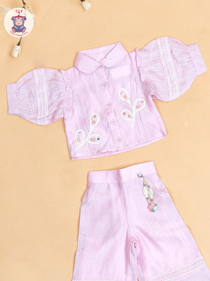 Baby Pink - Girls Embroidered Pant & Top