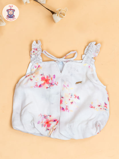 Half White - Girls Floral Printed Crop Top & Ballon Pant