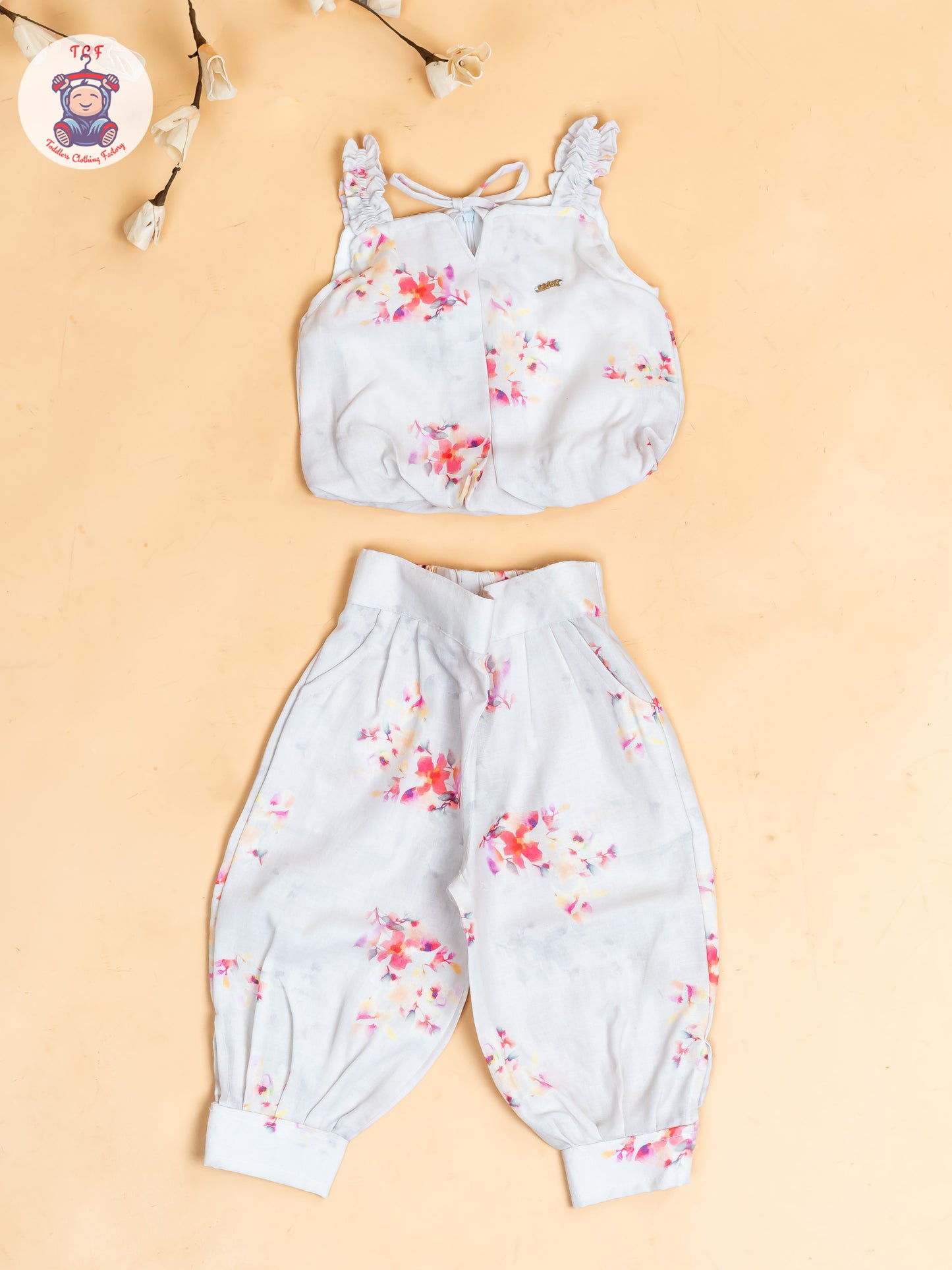 Half White - Girls Floral Printed Crop Top & Ballon Pant