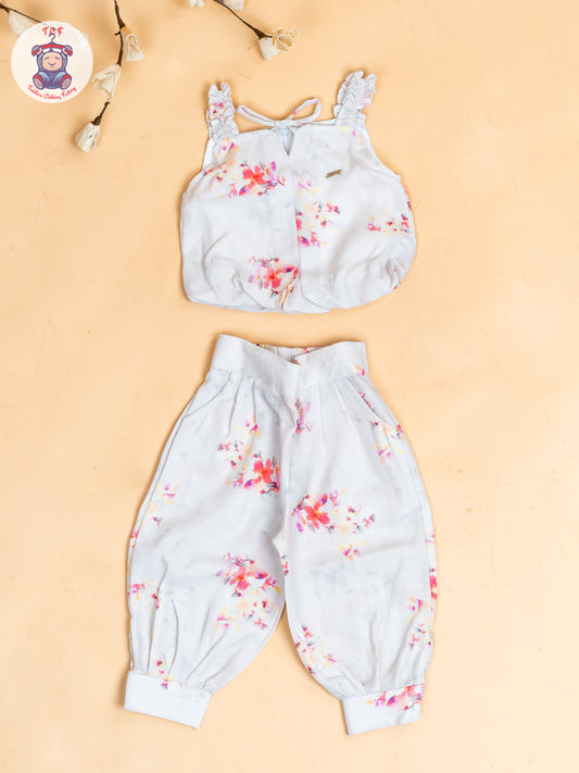 Half White - Girls Floral Printed Crop Top & Ballon Pant