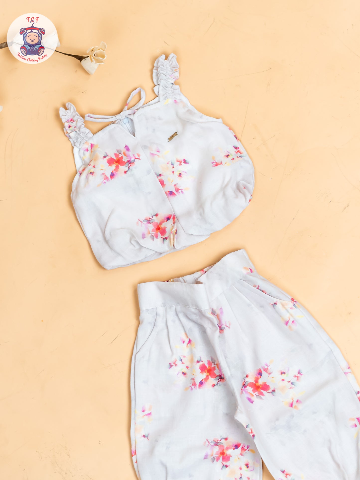 Half White - Girls Floral Printed Crop Top & Ballon Pant