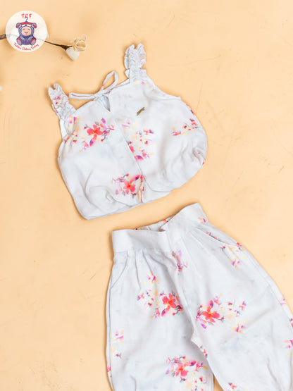 Half White - Girls Floral Printed Crop Top & Ballon Pant