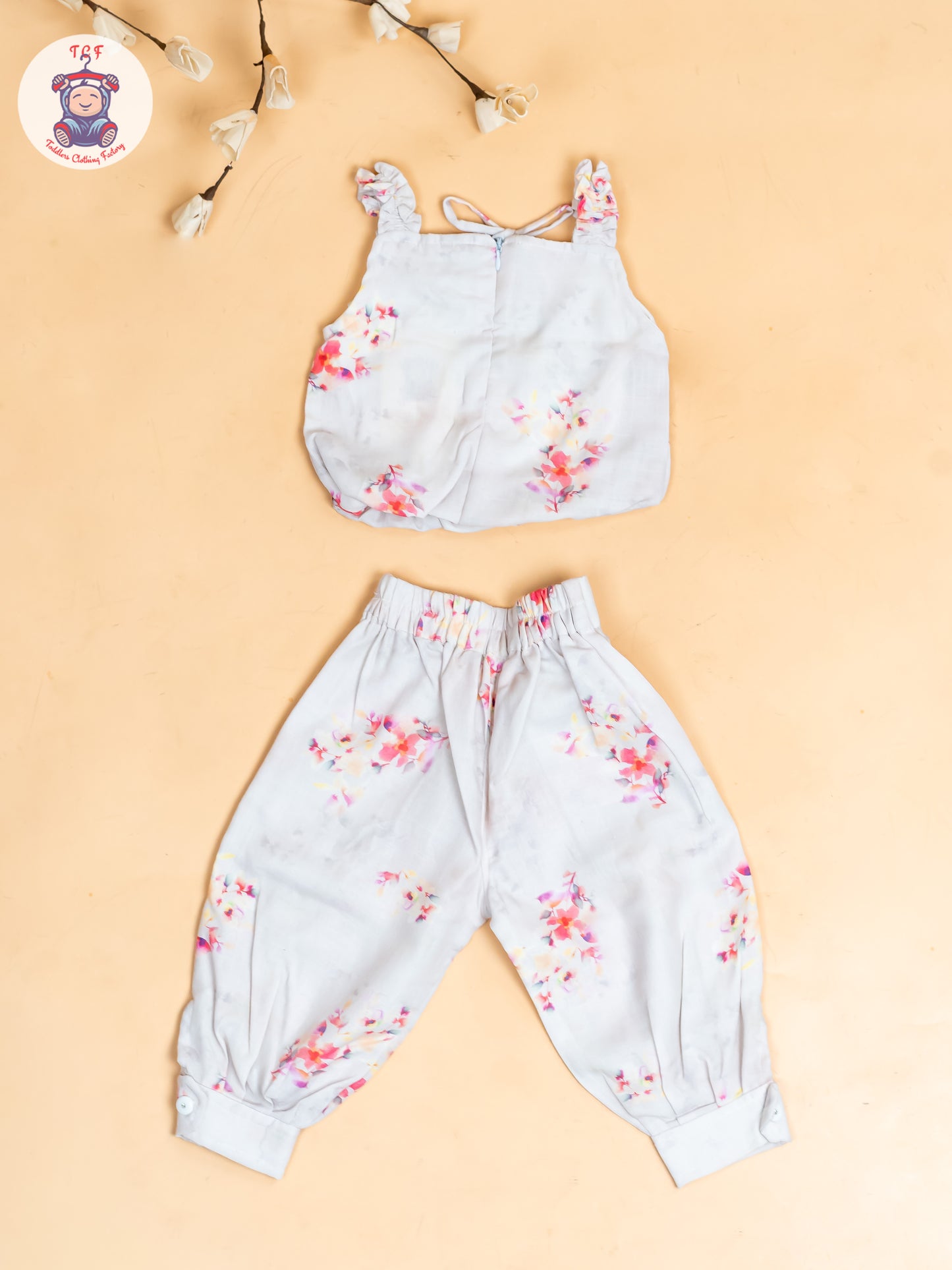Half White - Girls Floral Printed Crop Top & Ballon Pant