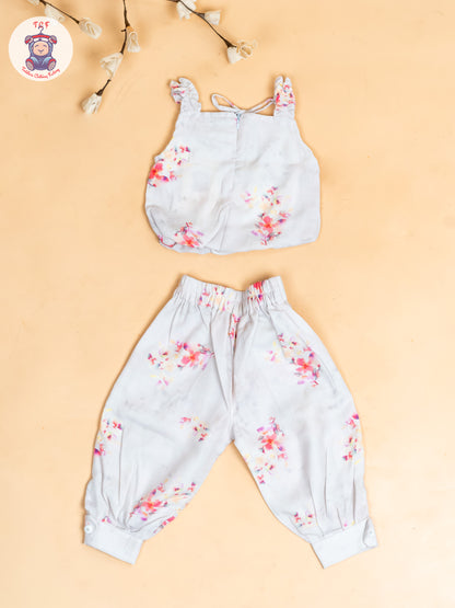 Half White - Girls Floral Printed Crop Top & Ballon Pant