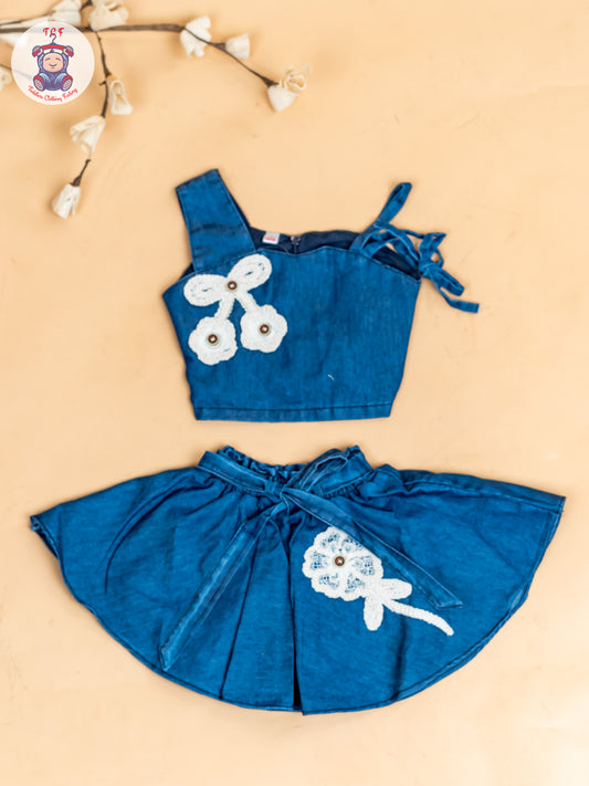 Denim Blue - Girls Crop Top & Skirt
