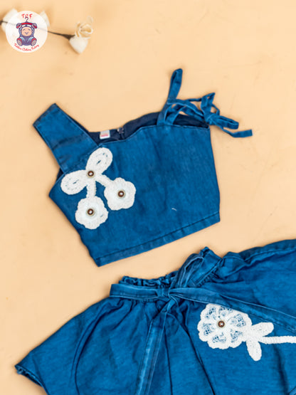 Denim Blue - Girls Crop Top & Skirt