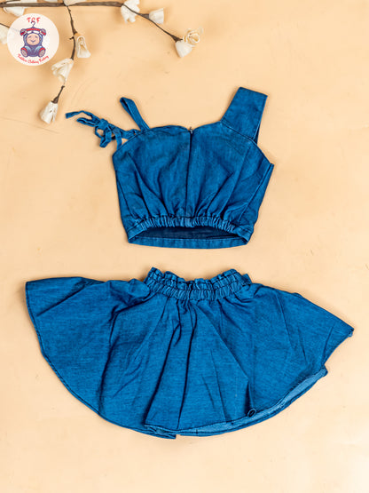 Denim Blue - Girls Crop Top & Skirt
