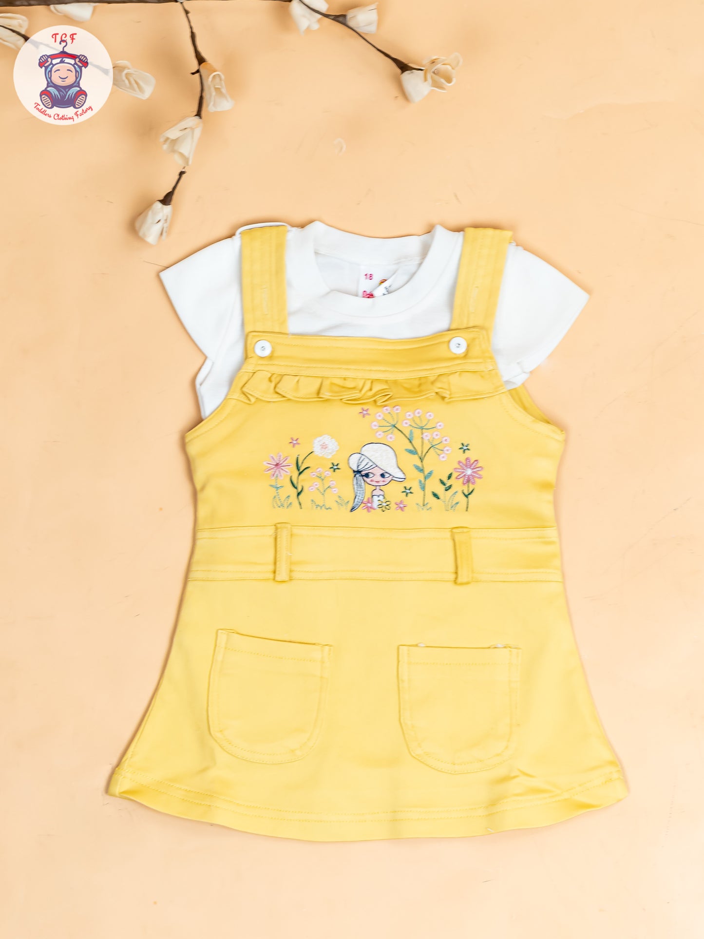White & Lemon Yellow - Girls Applique Dungaree With T-Shirt