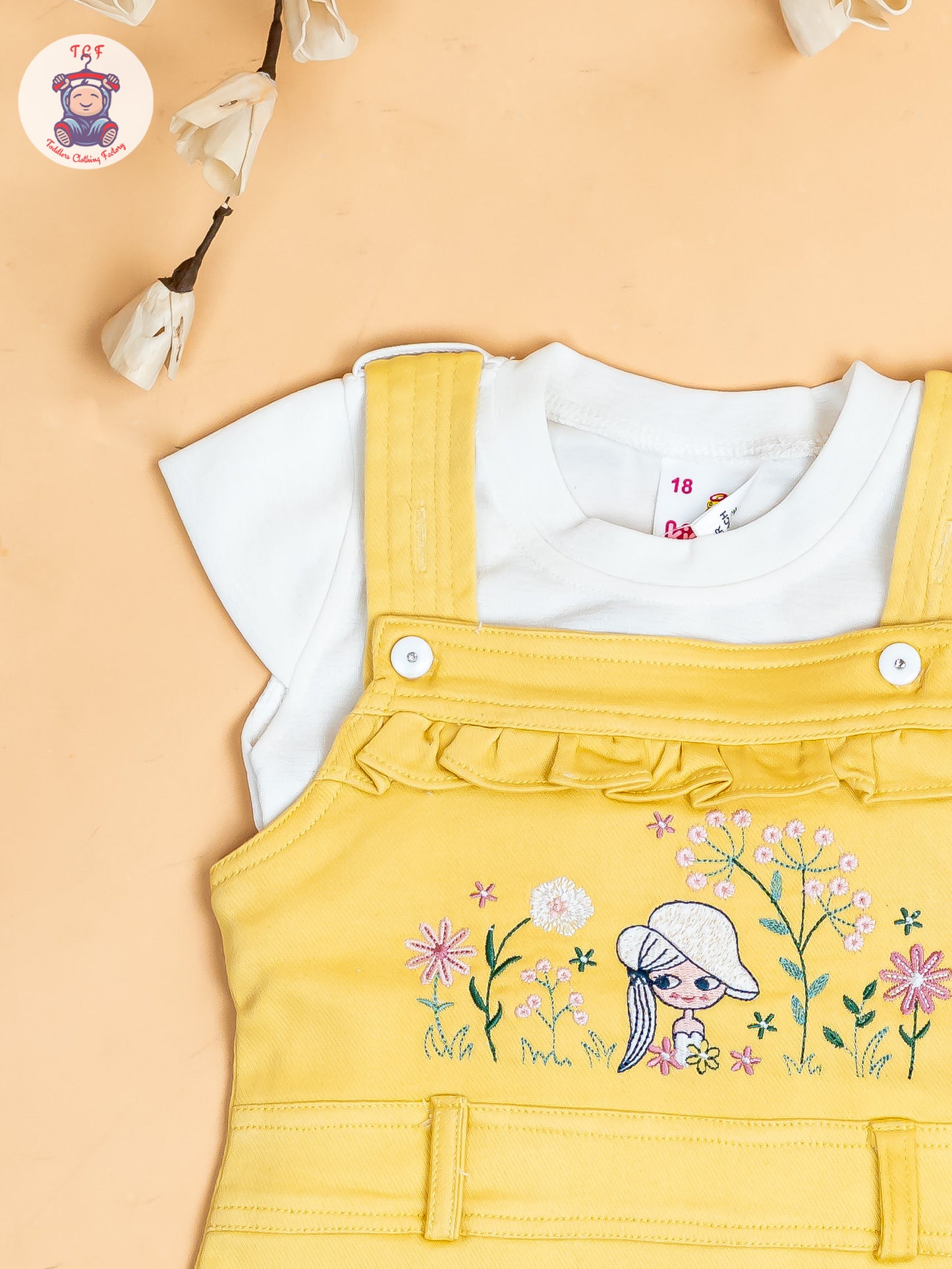White & Lemon Yellow - Girls Applique Dungaree With T-Shirt