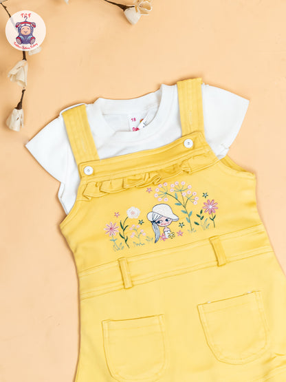 White & Lemon Yellow - Girls Applique Dungaree With T-Shirt