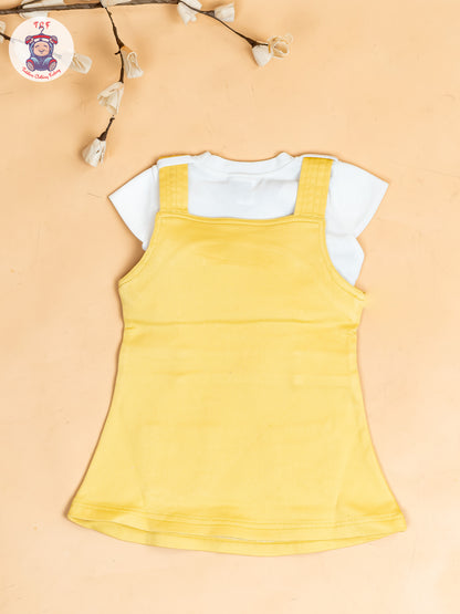 White & Lemon Yellow - Girls Applique Dungaree With T-Shirt