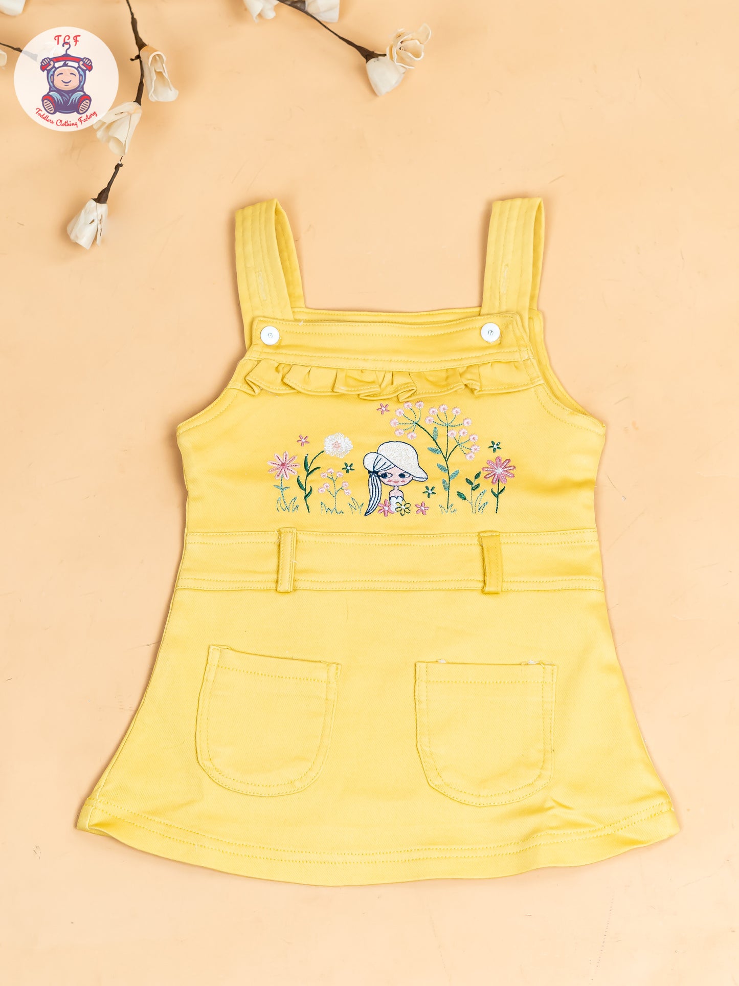 White & Lemon Yellow - Girls Applique Dungaree With T-Shirt
