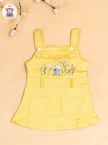 White & Lemon Yellow - Girls Applique Dungaree With T-Shirt