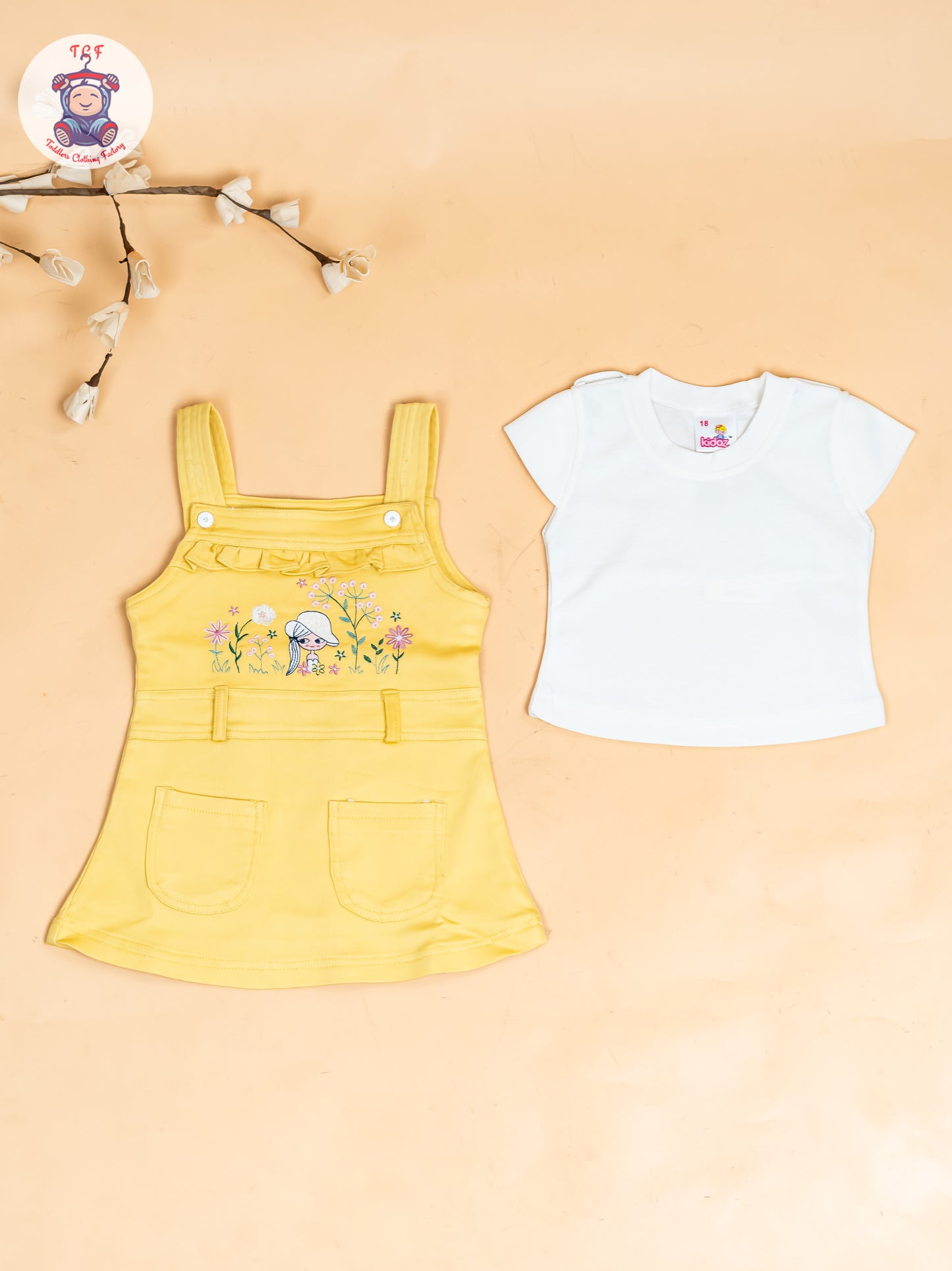 White & Lemon Yellow - Girls Applique Dungaree With T-Shirt