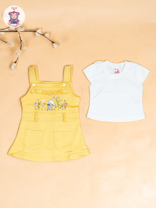 White & Lemon Yellow - Girls Applique Dungaree With T-Shirt