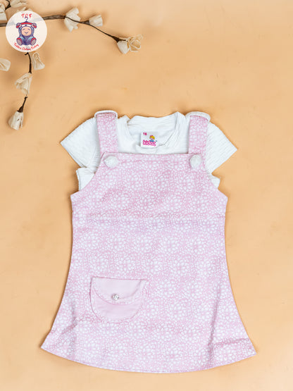 White & Baby Pink - Girls Applique Dungaree With T-Shirt
