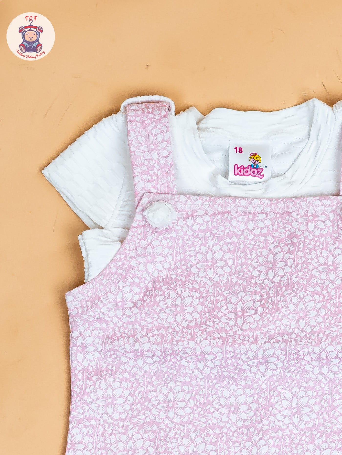 White & Baby Pink - Girls Applique Dungaree With T-Shirt