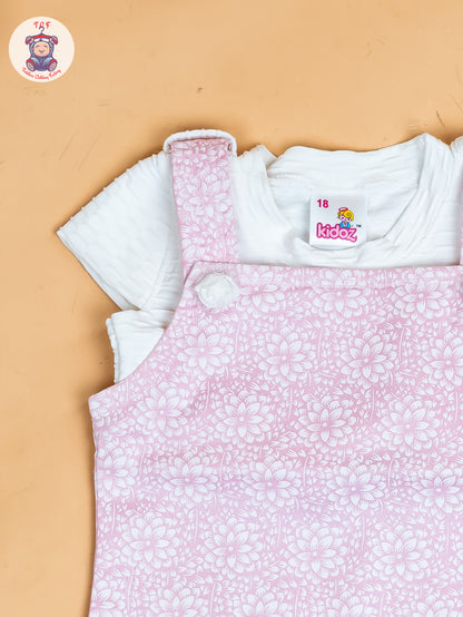 White & Baby Pink - Girls Applique Dungaree With T-Shirt