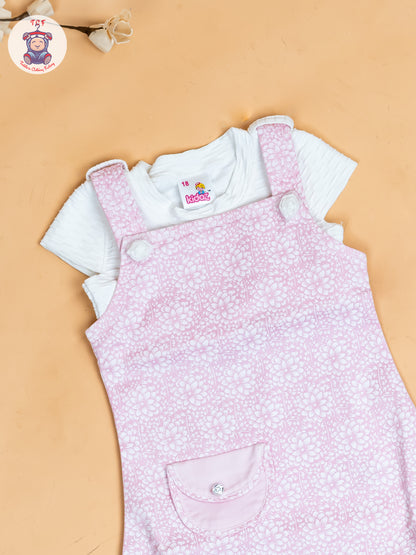 White & Baby Pink - Girls Applique Dungaree With T-Shirt
