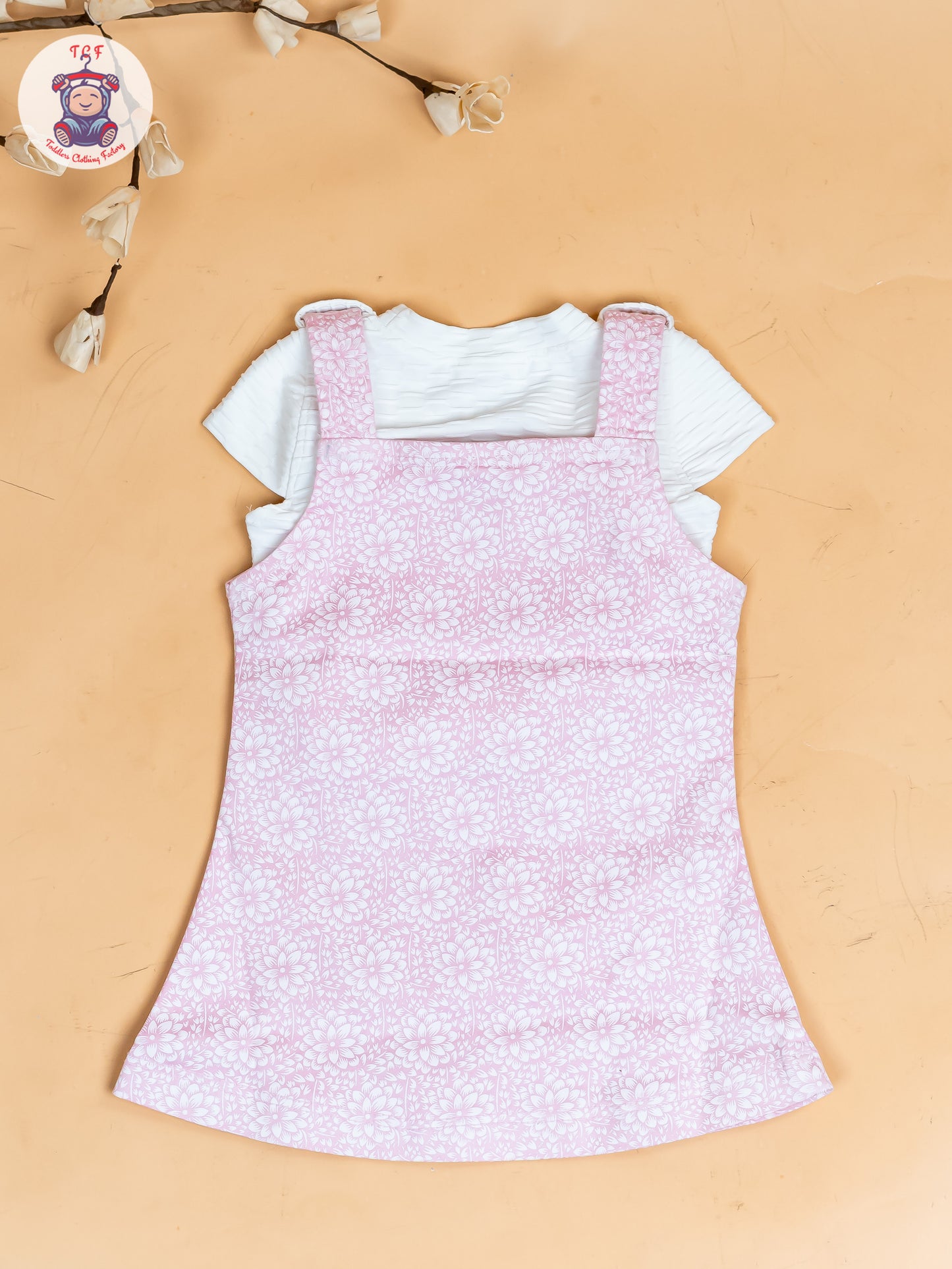 White & Baby Pink - Girls Applique Dungaree With T-Shirt