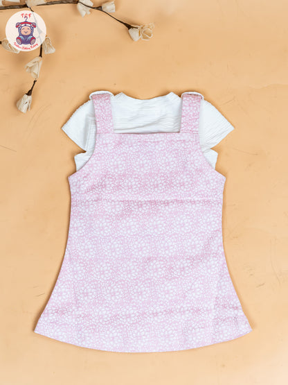 White & Baby Pink - Girls Applique Dungaree With T-Shirt