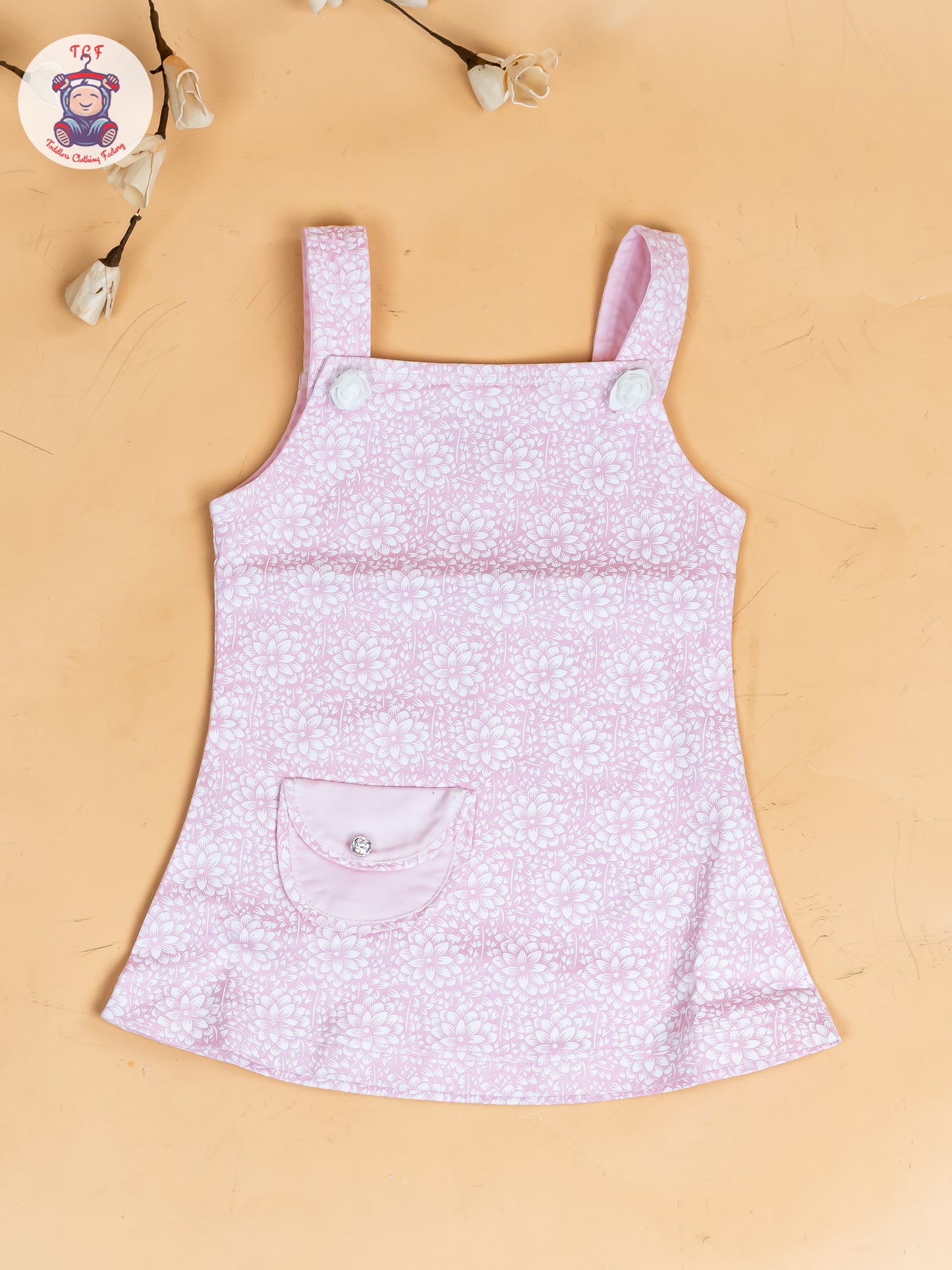 White & Baby Pink - Girls Applique Dungaree With T-Shirt