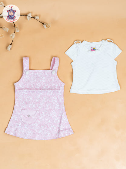 White & Baby Pink - Girls Applique Dungaree With T-Shirt