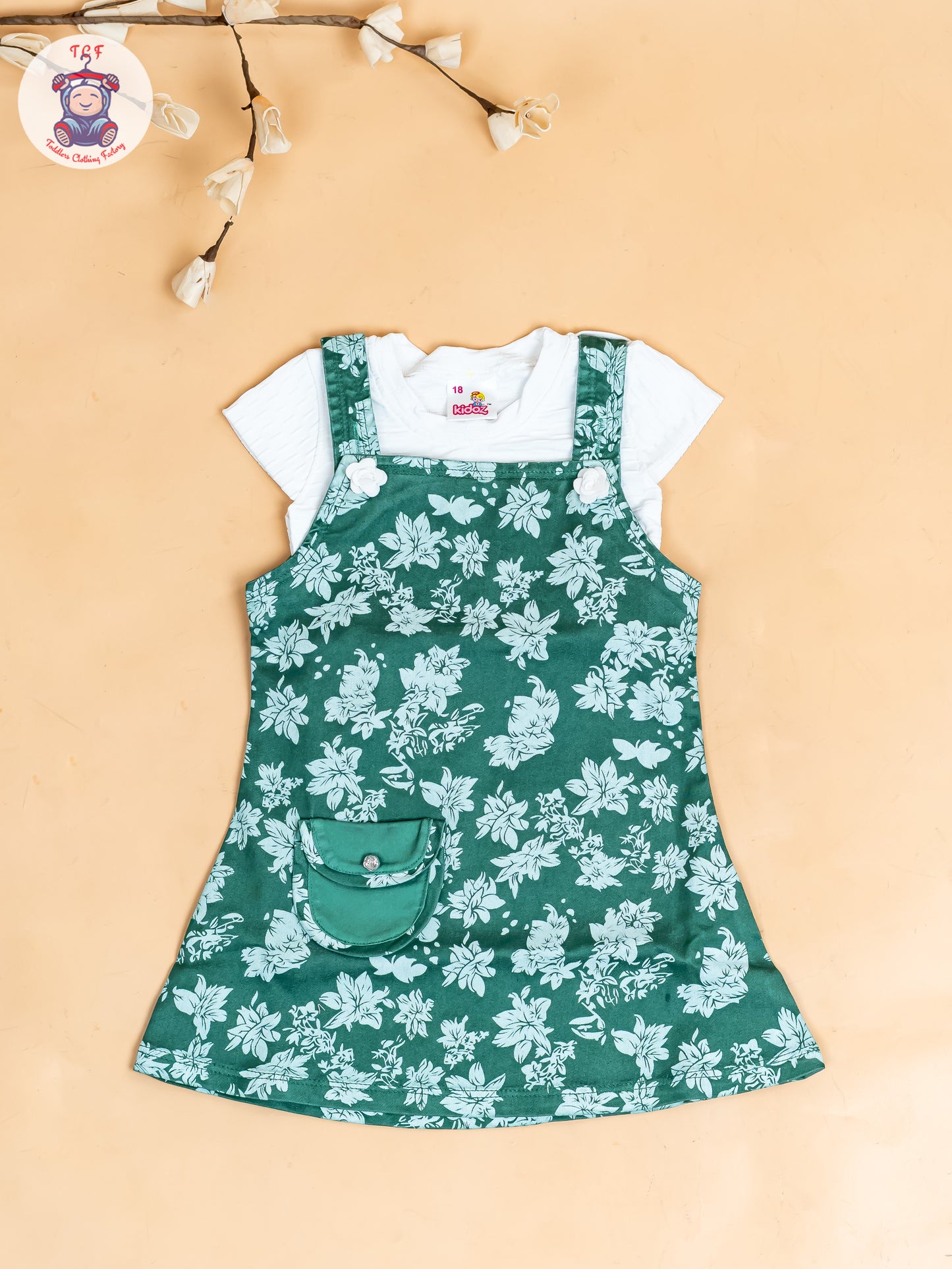 White & Green - Girls Applique Dungaree With T-Shirt