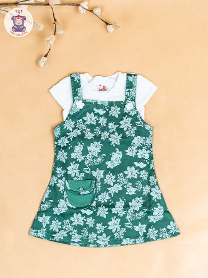 White & Green - Girls Applique Dungaree With T-Shirt