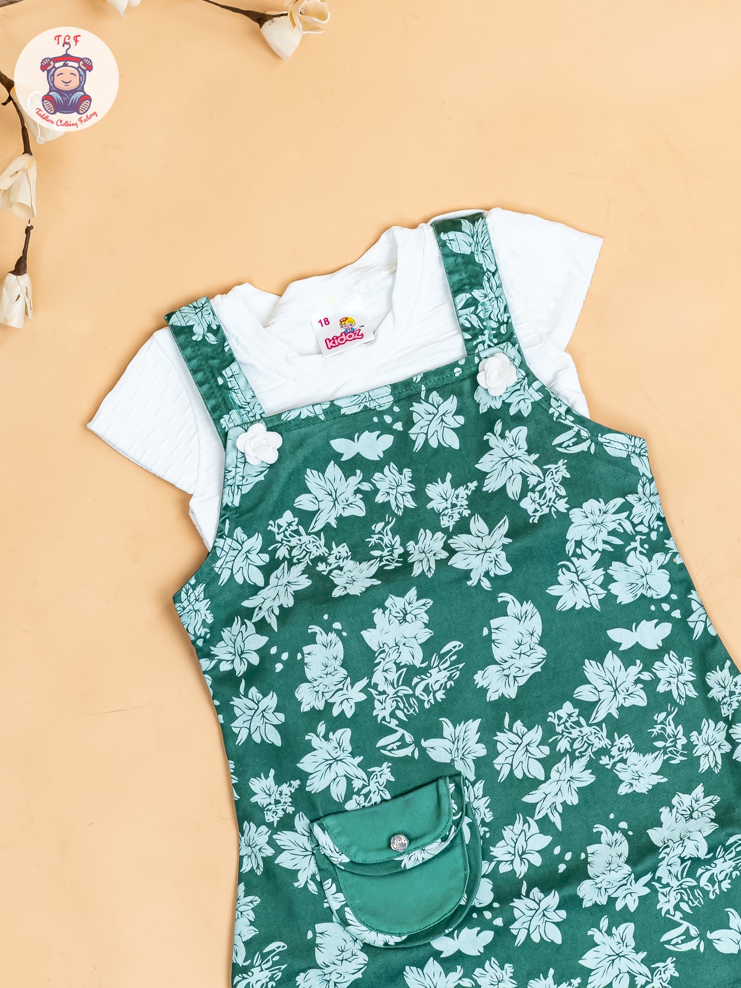 White & Green - Girls Applique Dungaree With T-Shirt