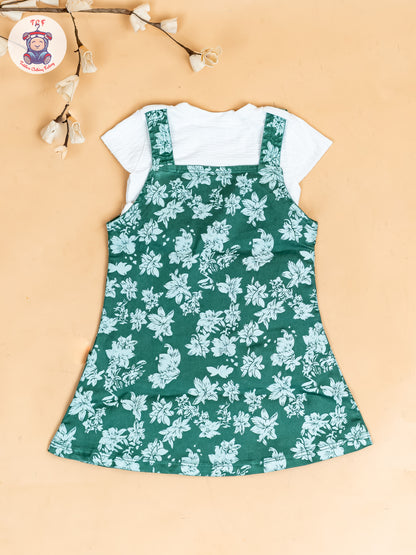White & Green - Girls Applique Dungaree With T-Shirt
