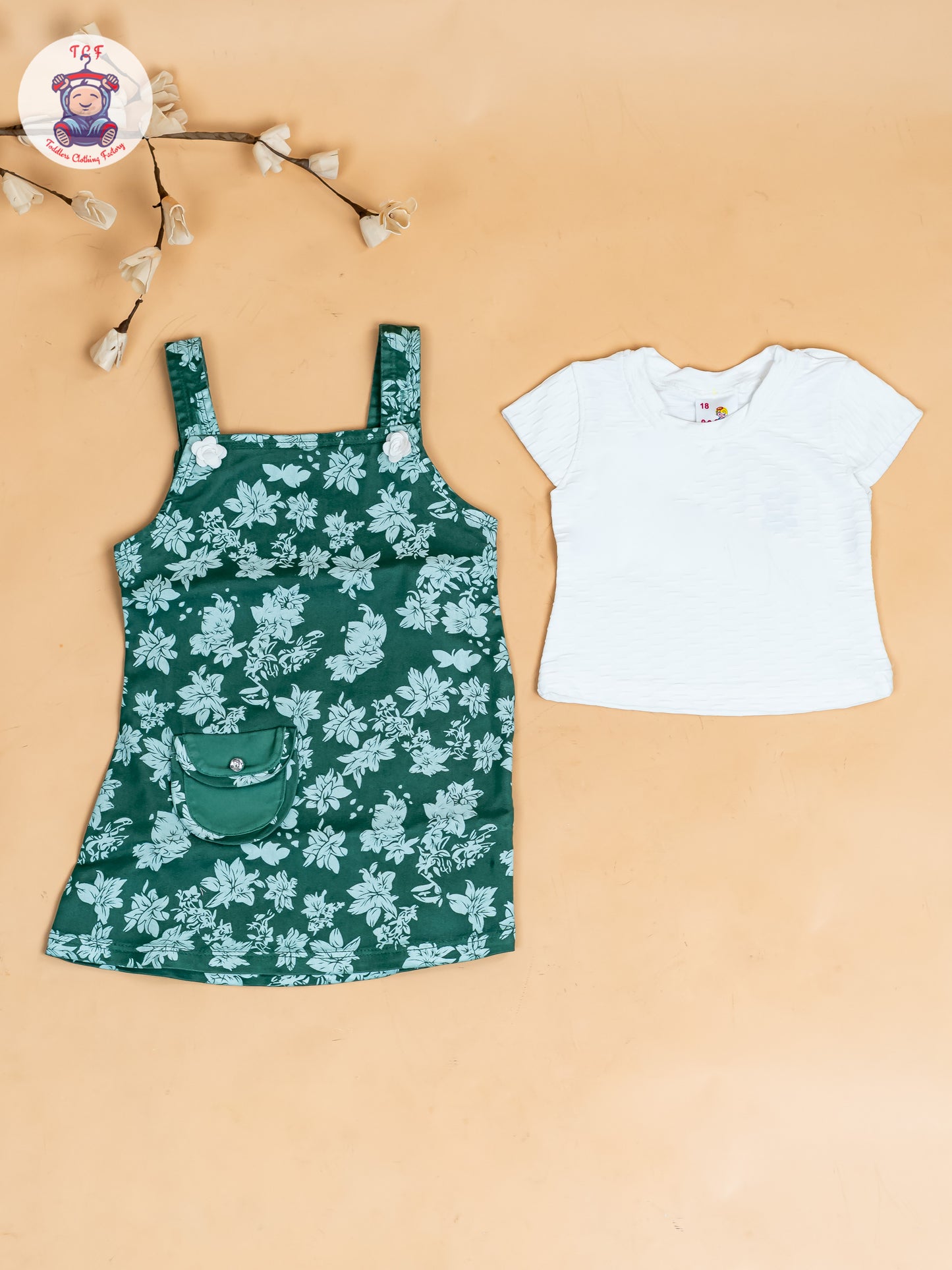 White & Green - Girls Applique Dungaree With T-Shirt