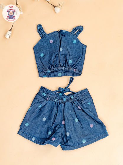 Denim Blue - Girls Crop Top & Shorts