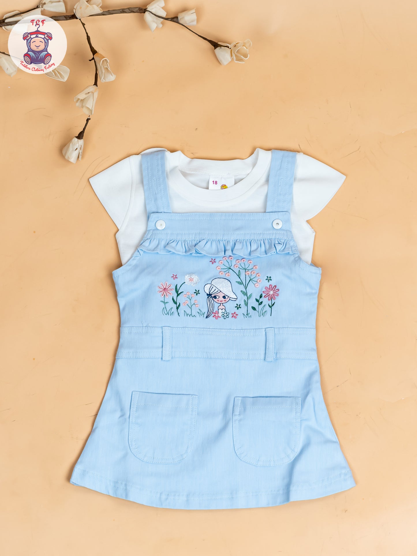 White & Sky Blue - Girls Applique Dungaree With T-Shirt