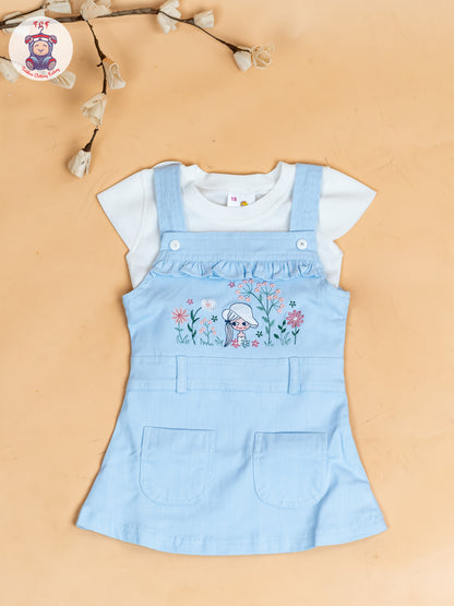 White & Sky Blue - Girls Applique Dungaree With T-Shirt