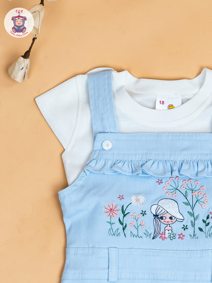 White & Sky Blue - Girls Applique Dungaree With T-Shirt