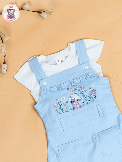White & Sky Blue - Girls Applique Dungaree With T-Shirt