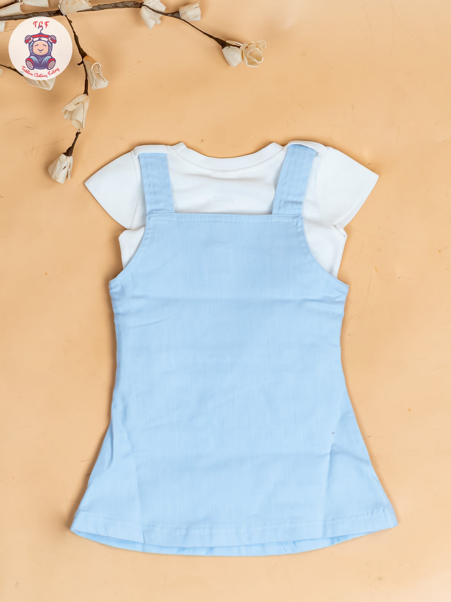 White & Sky Blue - Girls Applique Dungaree With T-Shirt