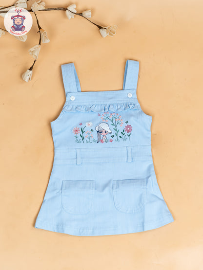 White & Sky Blue - Girls Applique Dungaree With T-Shirt