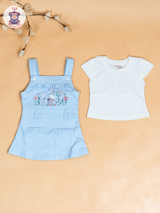 White & Sky Blue - Girls Applique Dungaree With T-Shirt