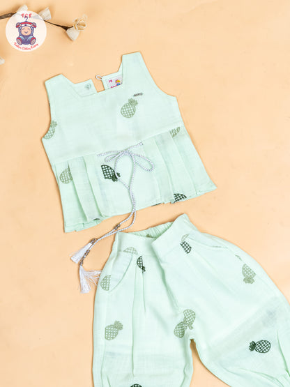 Pista Green - Girls Pine Apple Printed Top & Ballon Pant