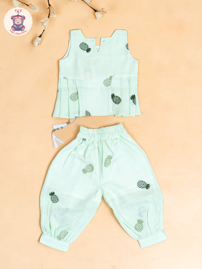 Pista Green - Girls Pine Apple Printed Top & Ballon Pant