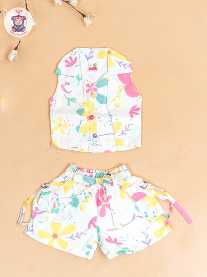 Half White  - Girls Floral Printed Top & Shorts