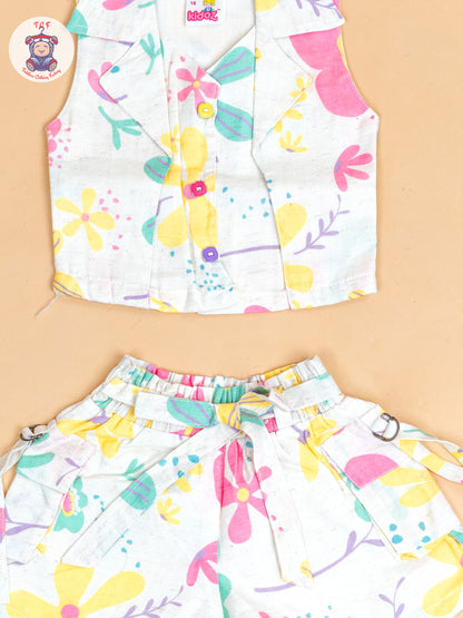 Half White  - Girls Floral Printed Top & Shorts