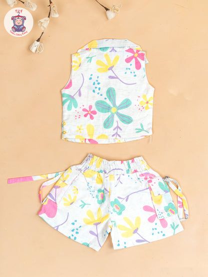Half White  - Girls Floral Printed Top & Shorts