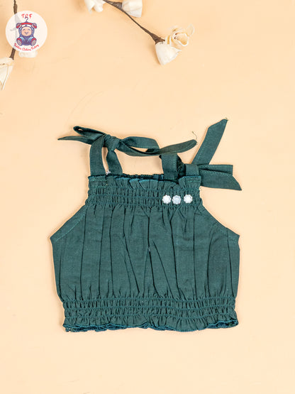 Bottle Green - Girls Embroidered Crop Top & Skirt