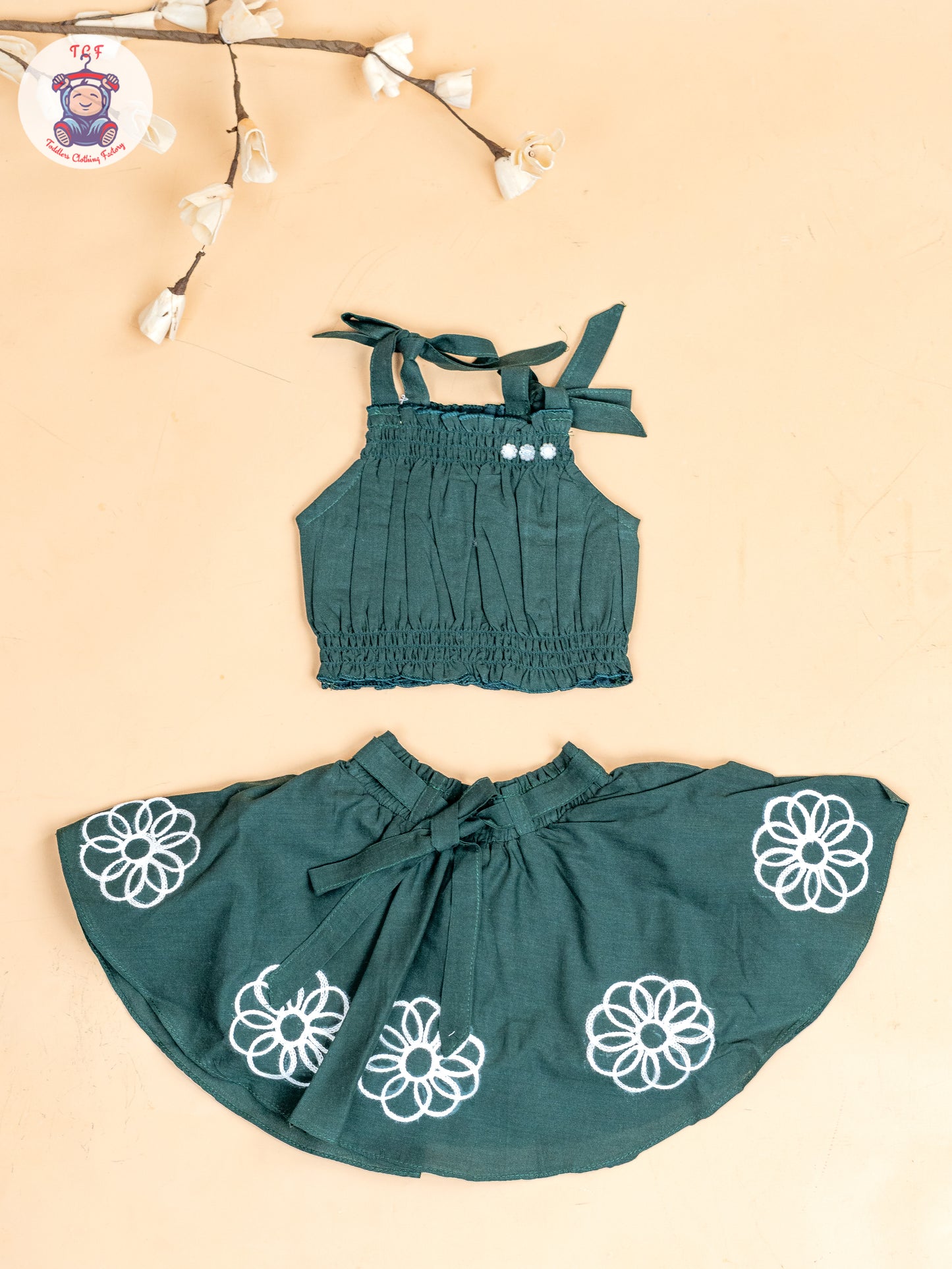 Bottle Green - Girls Embroidered Crop Top & Skirt