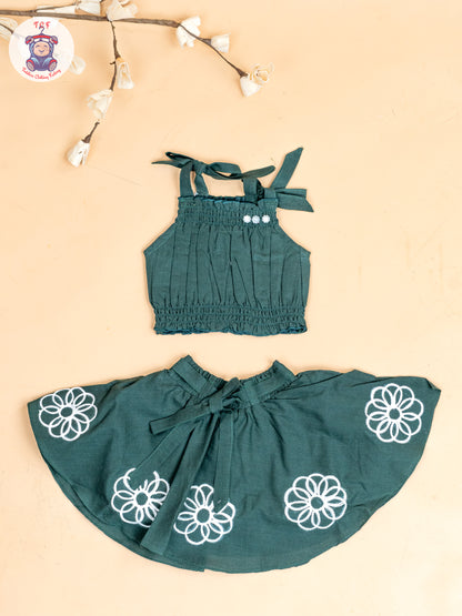 Bottle Green - Girls Embroidered Crop Top & Skirt