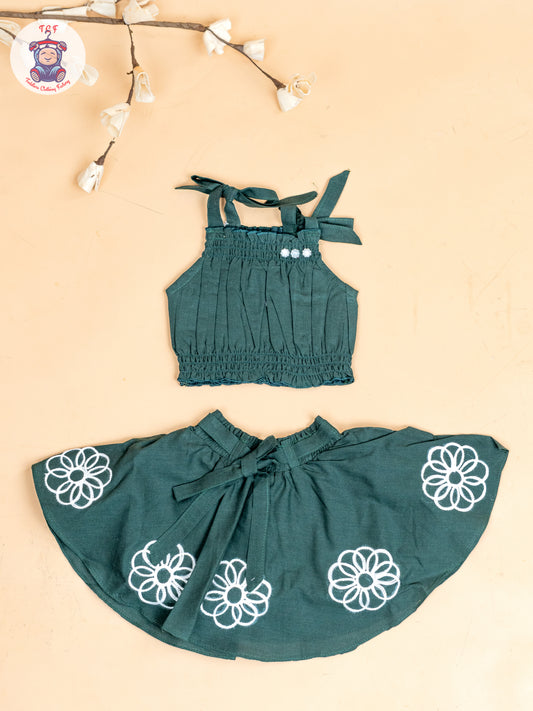 Bottle Green - Girls Embroidered Crop Top & Skirt