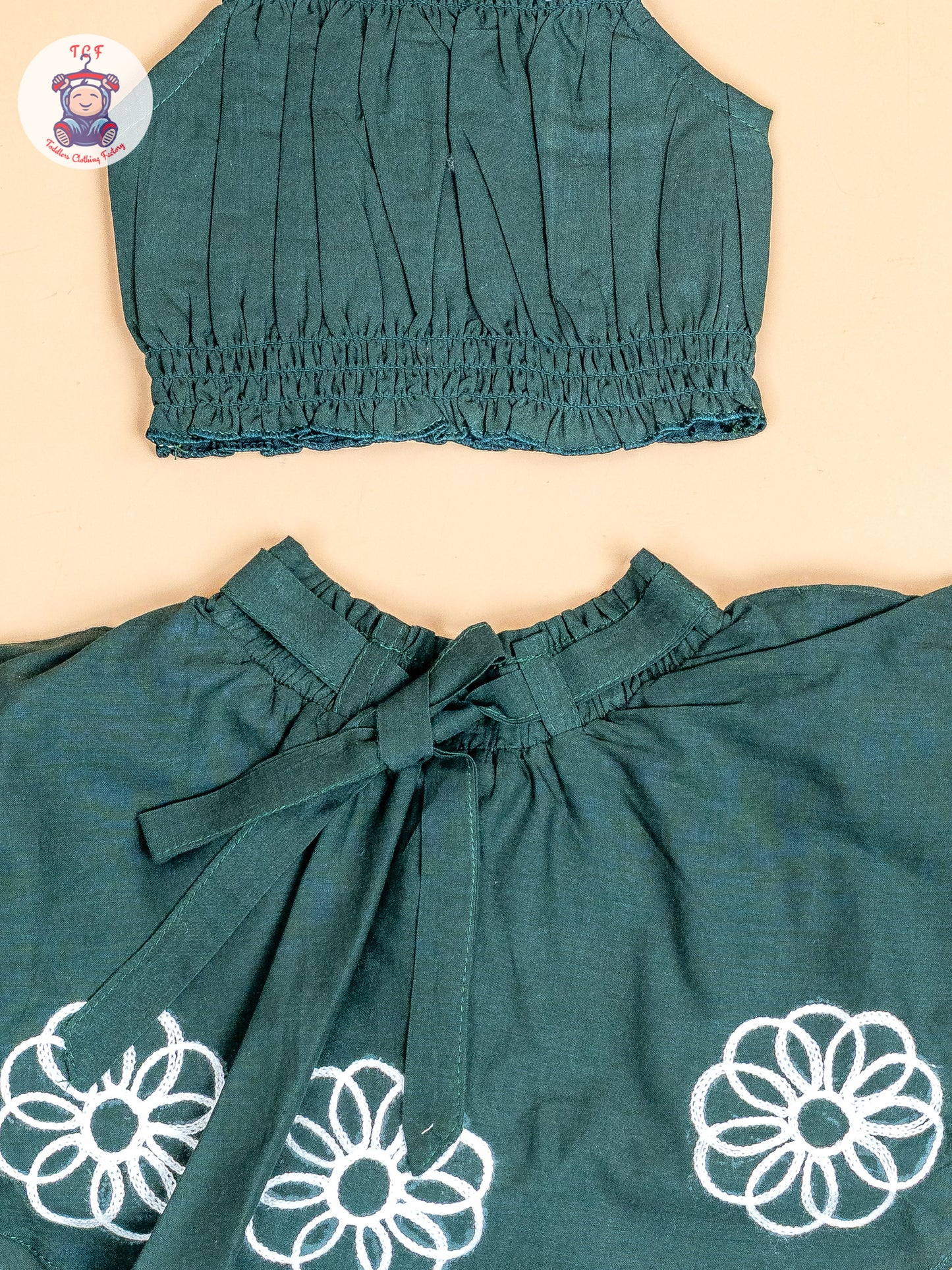 Bottle Green - Girls Embroidered Crop Top & Skirt